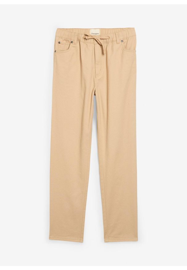 bonprix - Bawełniane spodnie z gumką w talii regular fit, prosta nogawka. Kolor: beżowy. Materiał: bawełna