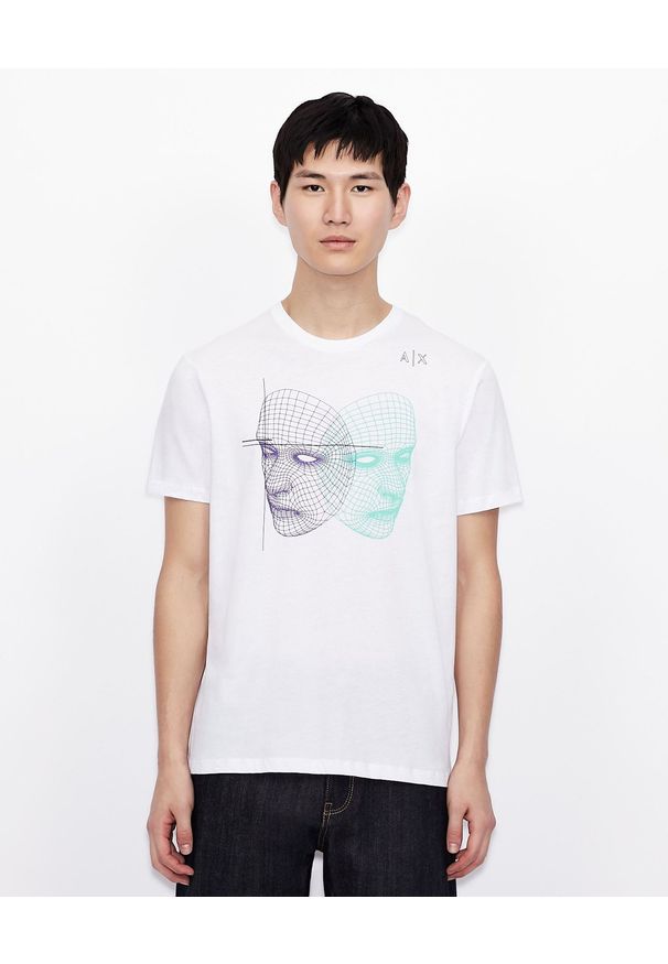 Armani Exchange - ARMANI EXCHANGE - Biały T-shirt z nadrukiem. Okazja: na co dzień. Kolor: biały. Materiał: jeans, bawełna. Wzór: nadruk. Styl: klasyczny, casual