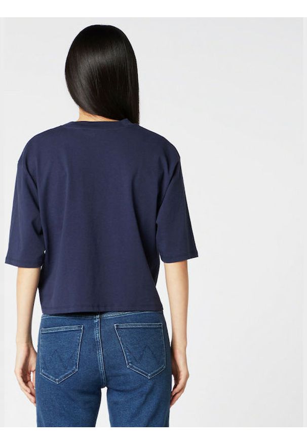 Wrangler - WRANGLER BOYFRIEND CROP TEE DAMSKI T-SHIRT KOSZULKA Z KRÓTKIM RĘKAWEM LOGO NADRUK NAVY W7P6GF114 112132064. Długość rękawa: krótki rękaw. Długość: krótkie. Wzór: nadruk