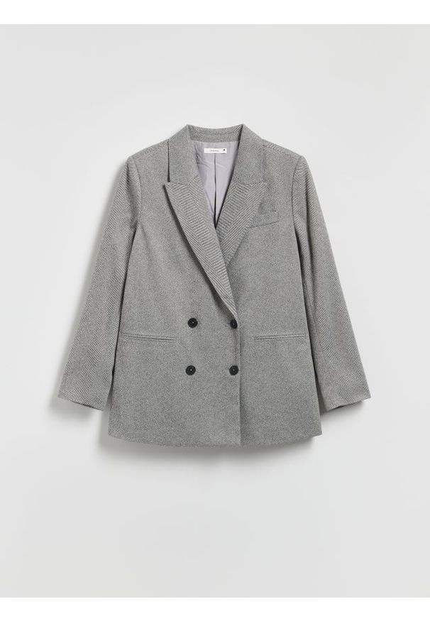 Reserved - Dwurzędowa marynarka w jodełkę - ciemnoszary. Kolor: szary. Materiał: dzianina. Wzór: jodełka