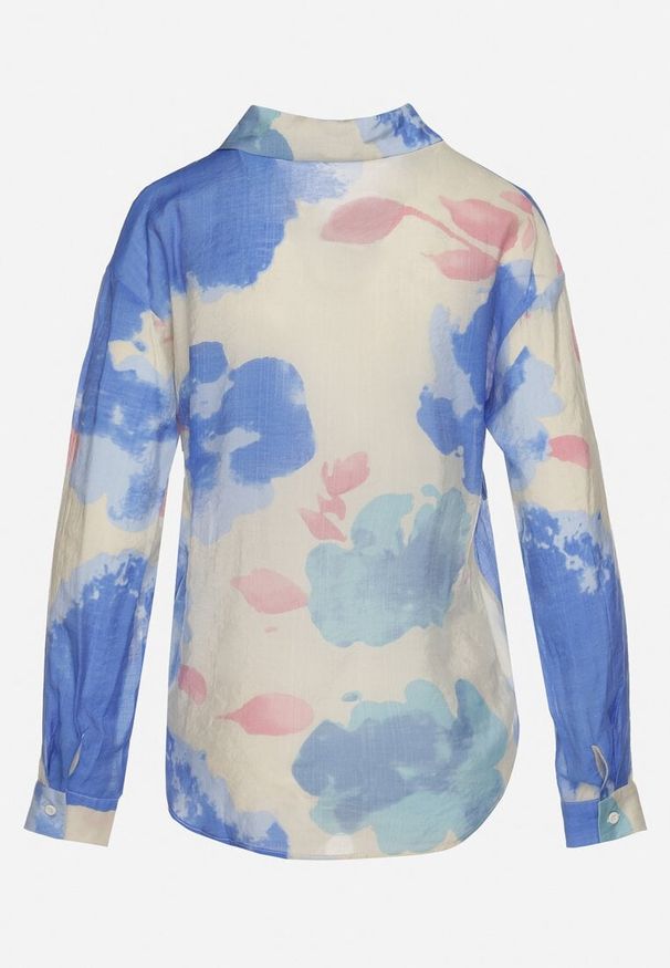 Born2be - Niebiesko-Beżowa Koszula o Luźnym Kroju Zapinana na Guziki Piasha. Okazja: na spotkanie biznesowe, na co dzień. Kolor: niebieski. Materiał: wiskoza, jeans. Wzór: kwiaty. Styl: elegancki, casual, biznesowy