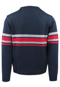 Sweter dla Mężczyzny - Lasota - Granat w Kolorowe Pasy. Kolor: niebieski. Materiał: akryl, bawełna. Wzór: kolorowy. Sezon: zima, jesień