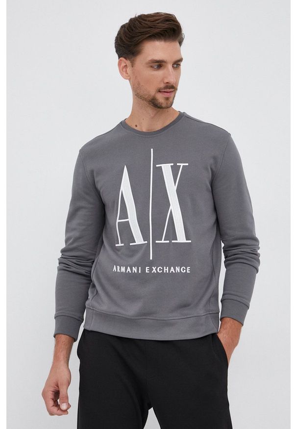 Armani Exchange Bluza bawełniana męska kolor szary z aplikacją. Okazja: na co dzień. Kolor: szary. Materiał: bawełna. Wzór: aplikacja. Styl: casual