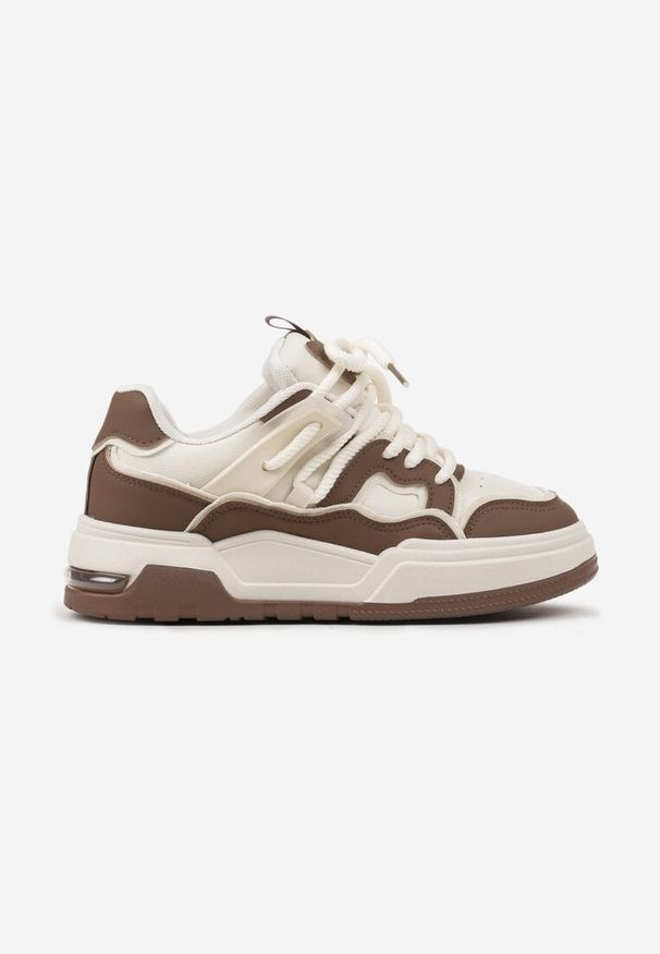Born2be - Brązowo-Beżowe Płaskie Sneakersy z Geometrycznym Zdobieniem Evithia. Nosek buta: okrągły. Zapięcie: sznurówki. Kolor: brązowy. Materiał: materiał. Wzór: aplikacja, geometria. Obcas: na obcasie. Wysokość obcasa: niski