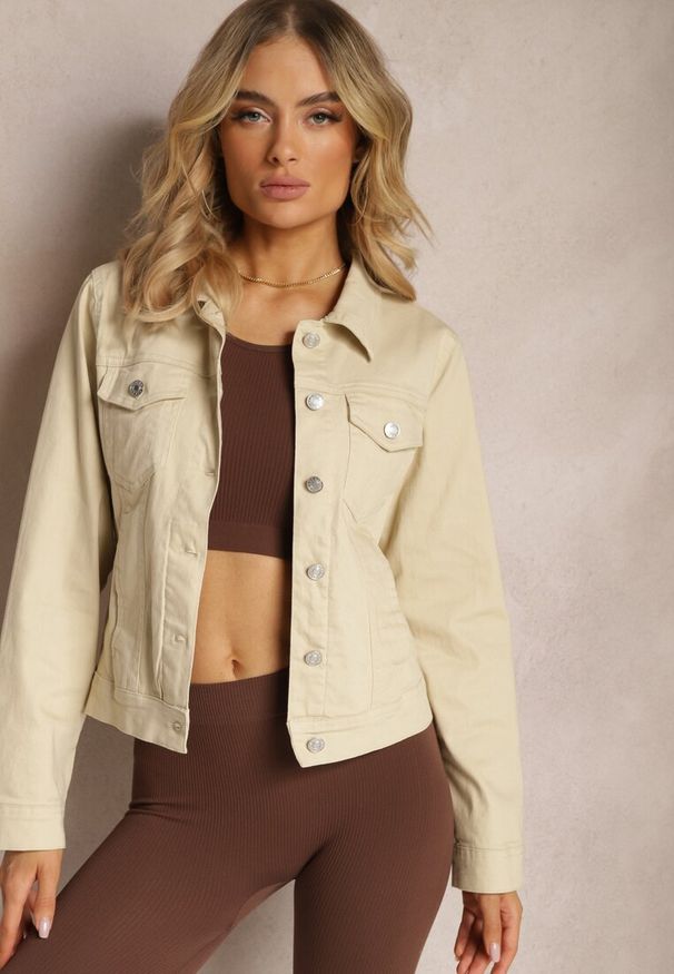 Renee - Beżowa Jeansowa Kurtka z Bawełny z Guzikami i Kieszeniami Ainztia. Kolor: beżowy. Materiał: bawełna, jeans