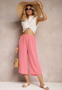 Renee - Różowe Spodnie Palazzo z Gumką w Talii i Długością Nogawki 3/4 Moolia. Kolekcja: plus size. Kolor: różowy. Materiał: materiał #4