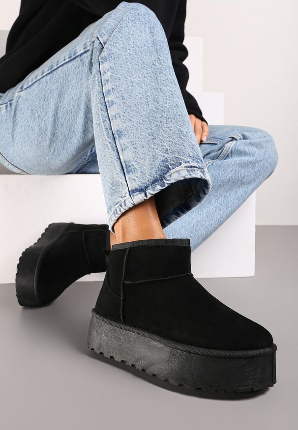 Born2be - Czarne Śniegowce na Platformie Sireella. Okazja: na co dzień. Kolor: czarny. Materiał: jeans, dzianina, futro, wełna. Obcas: na platformie. Styl: elegancki, casual