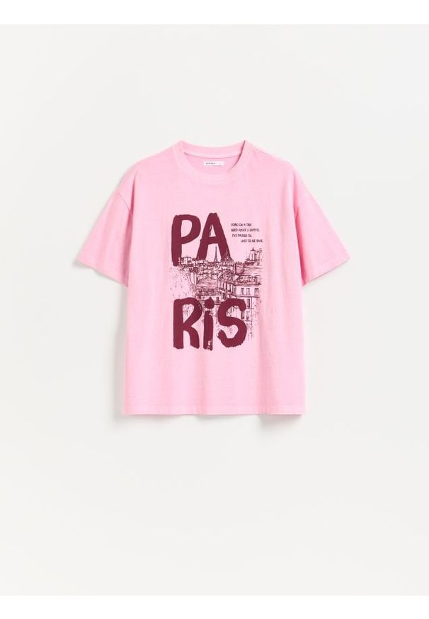 Reserved - Bawełniany t-shirt z nadrukiem - różowy. Kolor: różowy. Materiał: bawełna. Wzór: nadruk