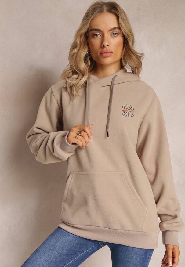 Renee - Beżowa Bluza z Kapturem i Ozdobnym Haftem Gamalie. Typ kołnierza: kaptur. Kolor: beżowy. Wzór: haft. Styl: elegancki