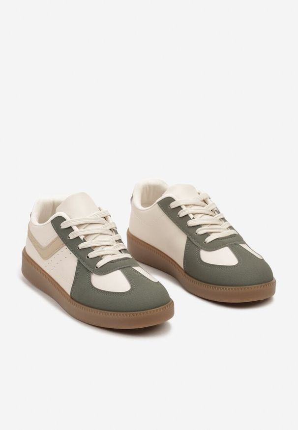 Born2be - Zielone Sneakersy na Grubej Podeszwie z Ozdobnymi Wstawkami Galivia. Nosek buta: okrągły. Zapięcie: sznurówki. Kolor: beżowy. Materiał: materiał. Obcas: na obcasie. Wysokość obcasa: niski