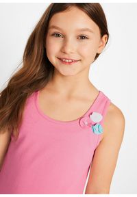 bonprix - Sukienka z dżerseju z falbaną. Typ kołnierza: kołnierz z falbankami. Kolor: różowy. Materiał: jersey. Długość rękawa: bez rękawów. Wzór: aplikacja #3