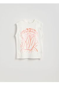 Reserved - Bawełniany t-shirt bez rękawów - złamana biel. Materiał: bawełna. Długość rękawa: bez rękawów