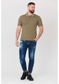 Guess - GUESS Khaki męska koszulka polo z paskiem na kołnierzyku, Rozmiar S. Typ kołnierza: polo. Kolor: zielony. Materiał: prążkowany. Długość rękawa: krótki rękaw. Wzór: aplikacja