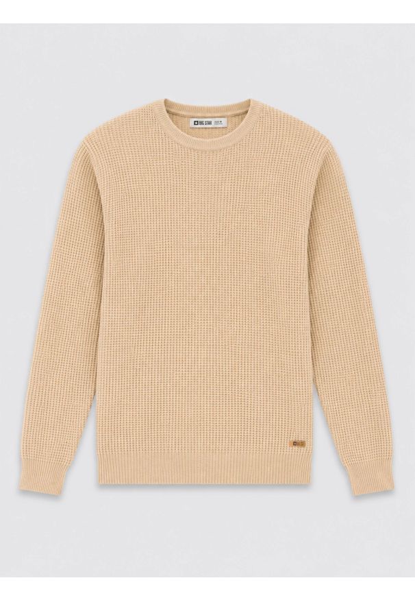 Big-Star - Sweter męski beżowy Stanson 801. Okazja: na imprezę, na spotkanie biznesowe, na co dzień. Kolor: beżowy. Materiał: prążkowany. Wzór: ze splotem, aplikacja. Styl: biznesowy, casual