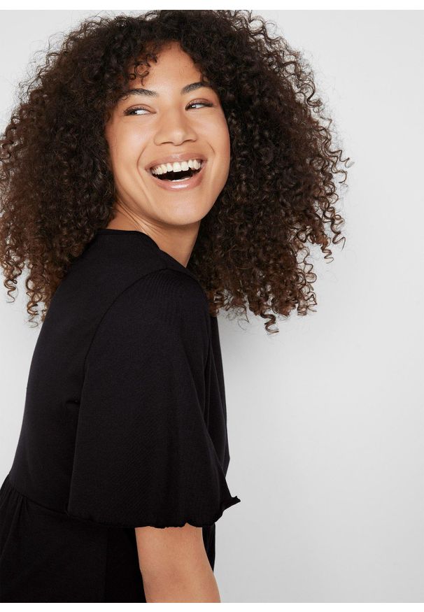 bonprix - Sukienka z dżerseju z czystej bawełny. Typ kołnierza: dekolt w serek. Kolor: czarny. Materiał: jersey, bawełna. Wzór: gładki. Długość: midi