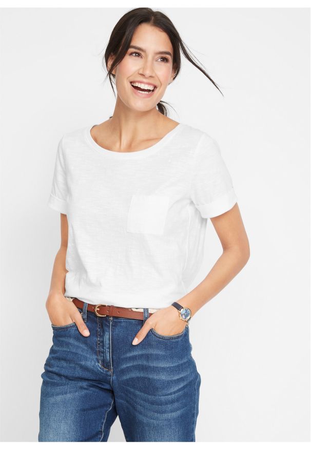 bonprix - T-shirt bawełniany z przędzy mieszankowej, z kieszonką, bawełna organiczna. Kolor: biały. Materiał: bawełna