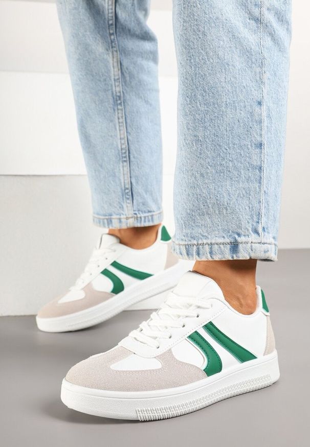 Renee - Biało-Zielone Sneakersy Klasyczne Tenisówki Setinora. Nosek buta: okrągły. Kolor: biały. Materiał: jeans