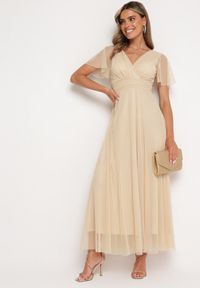 Born2be - Beżowa Kopertowa Rozkloszowana Sukienka z Wiązaniem w Talii Kolea. Okazja: na wesele, na ślub cywilny, na studniówkę, na imprezę. Typ kołnierza: dekolt w kształcie V. Kolor: beżowy. Długość rękawa: krótki rękaw. Typ sukienki: kopertowe. Styl: klasyczny, elegancki #3