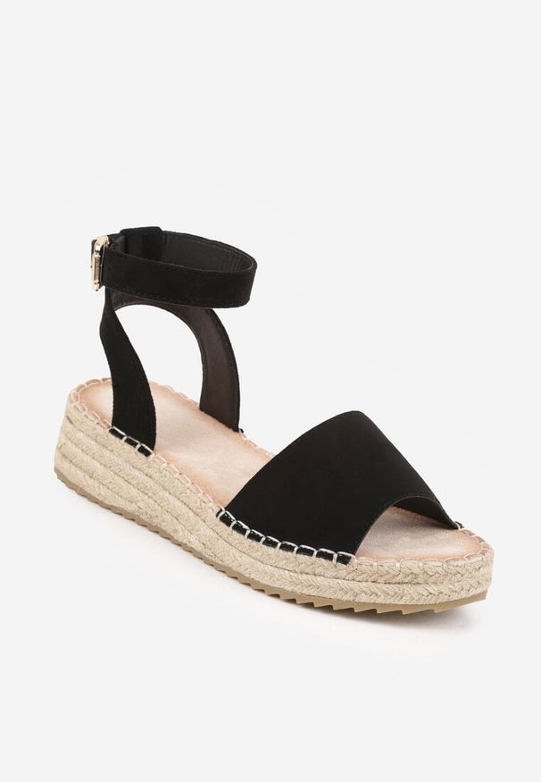 Renee - Czarne Sandały VICES z Imitacji Zamszu na Niskim Plecionym Koturnie Anameda. Okazja: na co dzień. Zapięcie: pasek. Kolor: czarny. Materiał: zamsz. Wzór: haft. Obcas: na koturnie. Styl: casual