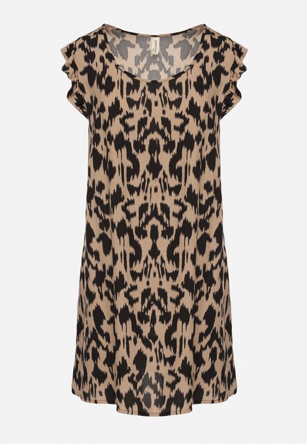 Born2be - Ciemnobeżowa Sukienka z Bawełny o Rozkloszowanym Kroju z Falbankami Zamiast Rękawów Jenalinea. Okazja: na co dzień. Typ kołnierza: kołnierz z falbankami. Kolor: beżowy. Materiał: bawełna. Typ sukienki: rozkloszowane. Styl: casual, elegancki