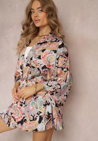 Renee - Różowo-Czarna Narzutka Bluzka Kimono w Kwiaty z Wiązaniem w Pasie i Rękawem 3/4 Mabika. Kolor: różowy. Materiał: tkanina. Wzór: kwiaty #2