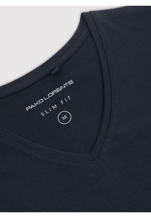 Pako Lorente - PAKO LORENTE – Granatowy gładki t-shirt v-neck. Kolor: niebieski. Materiał: bawełna, elastan. Wzór: gładki