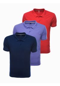 Ombre Clothing - Zestaw koszulek bawełnianych polo - mix 3-pak Z28 V8 - L. Typ kołnierza: polo. Kolor: czerwony. Materiał: bawełna. Wzór: haft #1
