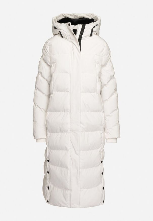 Born2be - Biała Długa Kurtka z Kapturem Ściągaczami i Dołem Zapinanym na Napy Sialinnor. Okazja: na co dzień. Typ kołnierza: kaptur. Kolor: biały. Materiał: polar, futro, jeans. Długość: długie. Styl: casual