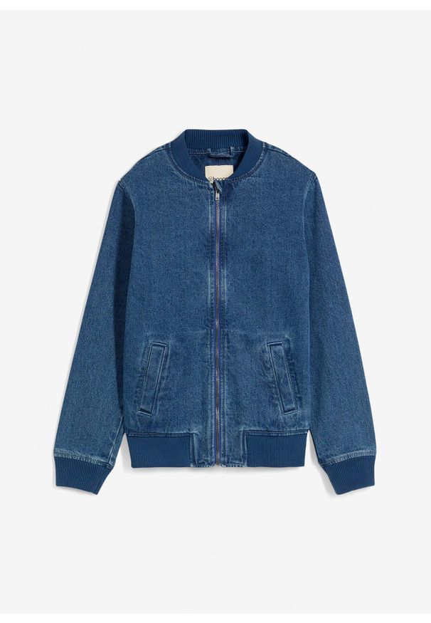 bonprix - Bawełniana dżinsowa kurtka bomberka. Kolor: niebieski. Materiał: bawełna