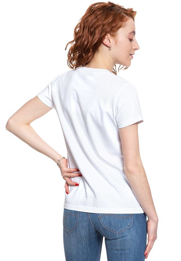 Lee - LEE T SHIRT DAMSKI CREW NECK TEE BRIGHT WHITE L41LETLJ 112109060. Okazja: na uczelnię. Materiał: bawełna, denim, materiał, jeans. Długość rękawa: krótki rękaw. Długość: krótkie. Wzór: napisy, nadruk, kolorowy. Sezon: lato. Styl: sportowy, klasyczny