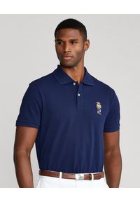 Ralph Lauren - RALPH LAUREN - Granatowa koszulka polo Custom Slim Fit. Typ kołnierza: polo. Kolor: niebieski. Materiał: tkanina, elastan, bawełna. Wzór: haft, prążki