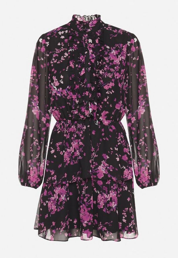 Born2be - Czarno-Fioletowa Rozkloszowana Sukienka Kwiatowa z Falbankami i Gumką w Pasie Zinilda. Okazja: na co dzień. Typ kołnierza: kołnierz z falbankami. Kolor: czarny. Wzór: kwiaty. Typ sukienki: proste, rozkloszowane. Styl: elegancki, casual