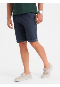 Ombre Clothing - Męskie klasyczne szorty chino z podwiniętą nogawką - granatowe V10 - Rozmiar: XXL. Kolor: niebieski. Materiał: elastan, bawełna. Sezon: lato. Styl: klasyczny