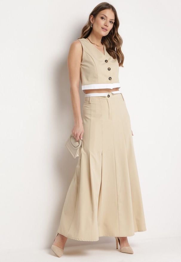 Born2be - Beżowa Spódnica Maxi Rozkloszowana w Garniturowym Stylu Araxna. Okazja: na co dzień. Kolor: beżowy. Styl: casual