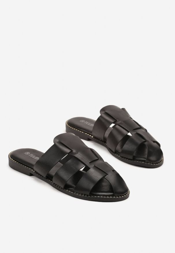 Renee - Czarne Klapki w Stylu Muli z Przeplataną Cholewką Zariette. Okazja: na co dzień. Kolor: czarny. Materiał: jeans. Sezon: lato. Obcas: na obcasie. Styl: elegancki, casual. Wysokość obcasa: średni