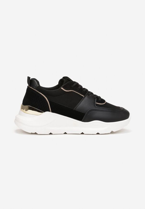 Born2be - Czarne Sneakersy na Platformie z Metaliczną Wstawką na Pięcie Jomir. Nosek buta: okrągły. Zapięcie: sznurówki. Kolor: czarny. Materiał: materiał. Obcas: na platformie. Wysokość obcasa: niski
