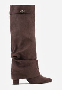 Born2be - Brązowe Kozaki na Słupku z Marszczoną Cholewką Imitującą Nogawkę Rittia. Okazja: do pracy, na co dzień, na spotkanie biznesowe. Kolor: brązowy. Materiał: jeans. Szerokość cholewki: normalna. Obcas: na słupku. Styl: casual, elegancki, biznesowy #2