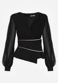 Renee - Czarna Bluzka VICES w Kopertowym Stylu z Luźnymi Transparentnymi Rękawami i Dekoltem V Inge. Okazja: na co dzień, na komunię. Kolor: czarny. Materiał: jeans. Styl: casual, elegancki #4