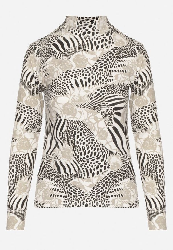 Born2be - Jasnoszara Bawełniana Bluzka w Panterkę z Półgolfem i Długim Rękawem Unilae. Okazja: na co dzień. Kolor: szary. Materiał: bawełna. Długość rękawa: długi rękaw. Długość: długie. Wzór: motyw zwierzęcy. Styl: casual
