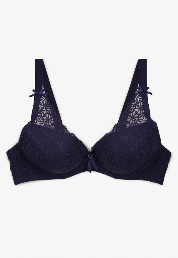 Born2be - Granatowy Biustonosz Push Up z Koronką Pelotia. Kolor: niebieski. Materiał: koronka. Rodzaj stanika: push-up. Wzór: koronka