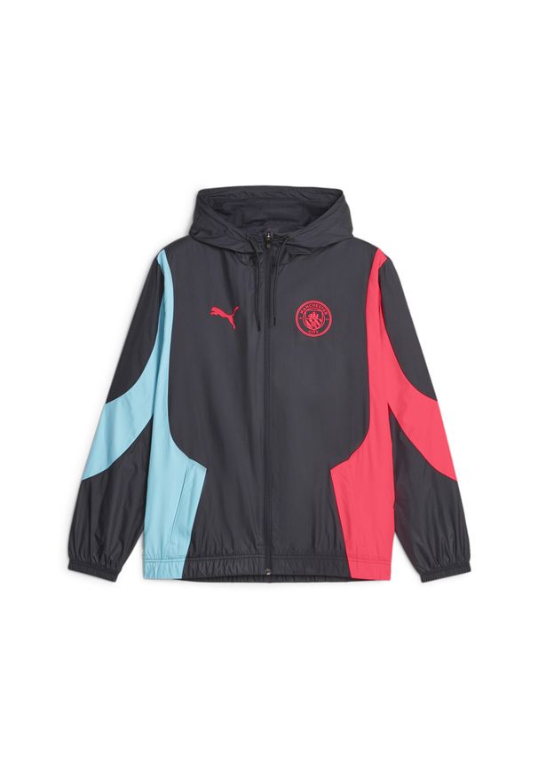 Puma - Bluza dresowa Prematch Manchester City Woven Anthem 2023/24. Kolor: czarny, różowy, wielokolorowy. Materiał: dresówka. Sport: piłka nożna
