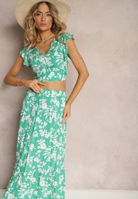 Renee - Zielony Wiskozowy Komplet w Kwiatki z Bluzką i Rozkloszowaną Spódnicą Pienara. Kolor: zielony. Materiał: wiskoza. Wzór: kwiaty #5