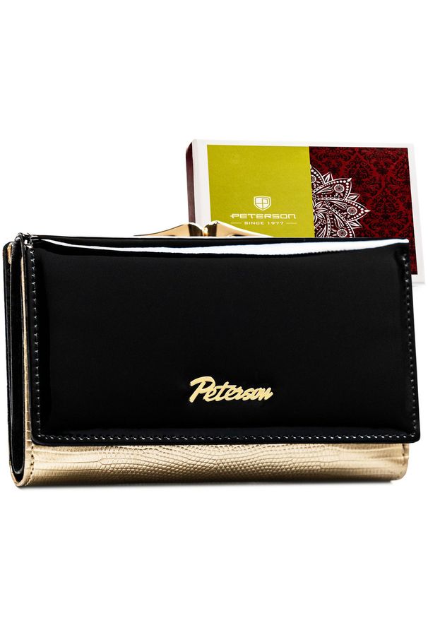 Portfel damski Peterson czarno- złoty PTN LJ-42108. Kolor: złoty, czarny, wielokolorowy. Materiał: skóra
