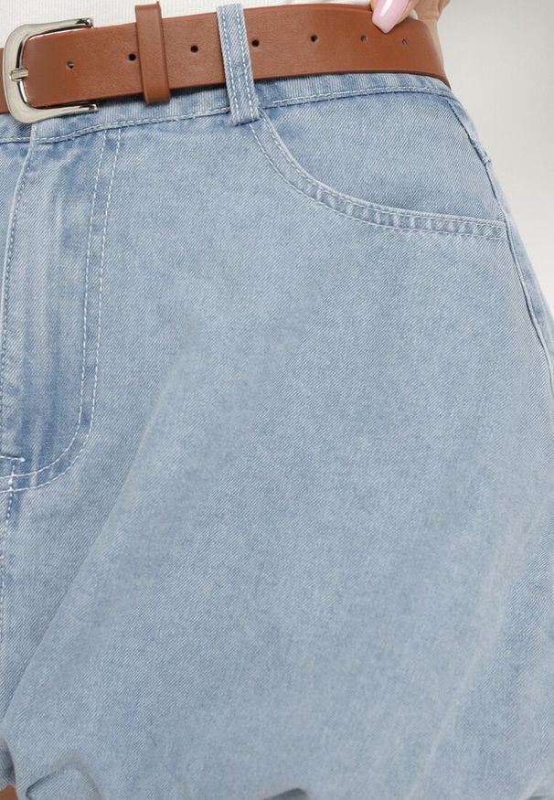 Born2be - Jasnoniebieska Spódnica Jeansowa z Bawełny o Fasonie Bombki z Paskiem Lorinda. Okazja: na co dzień. Kolor: niebieski. Materiał: jeans, bawełna. Styl: elegancki, casual