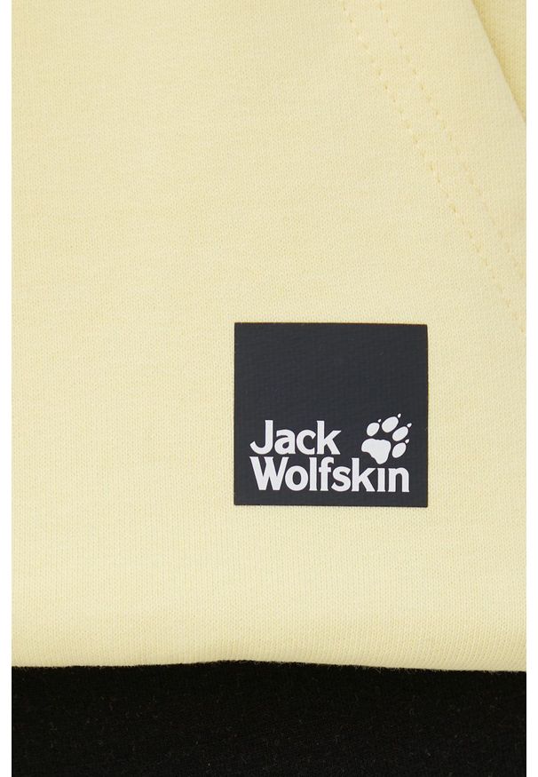 Jack Wolfskin bluza bawełniana damska kolor żółty z kapturem z aplikacją. Typ kołnierza: kaptur. Kolor: żółty. Materiał: bawełna. Wzór: aplikacja