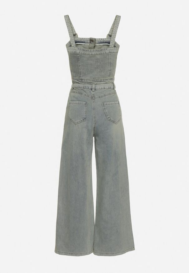 Born2be - Niebieski Jeansowy Komplet z Krótkim Topem na Napy i Szerokimi Długimi Spodniami Vorria. Kolor: niebieski. Materiał: jeans