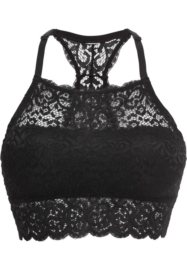 bonprix - Biustonosz bustier bez fiszbinów. Kolor: czarny. Materiał: koronka. Wzór: koronka