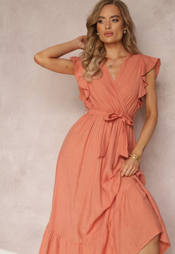 Renee - Pomarańczowa Rozkloszowana Sukienka Maxi z Gumką w Talii Lavla. Kolor: pomarańczowy. Materiał: materiał. Długość: maxi