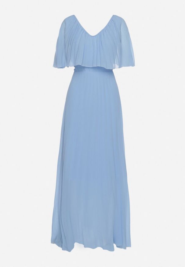 Born2be - Niebieska Sukienka Plisowana z Szeroką Falbaną Przy Dekolcie Dinara. Kolor: niebieski. Styl: wizytowy. Długość: maxi