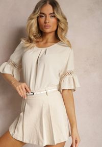 Renee - Beżowa Luźna Bluzka z Ażurową Wstawką na Rękawach Birian. Kolor: beżowy. Materiał: koronka, jeans. Wzór: ażurowy. Sezon: lato. Styl: elegancki #4